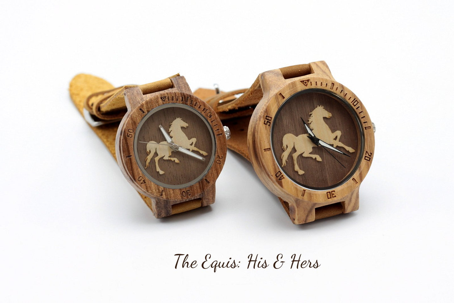 COUPLES Matching His & Hers Wooden Watches with Light Tan Leather Strap - THE EQUIS - Hashtag Bamboo