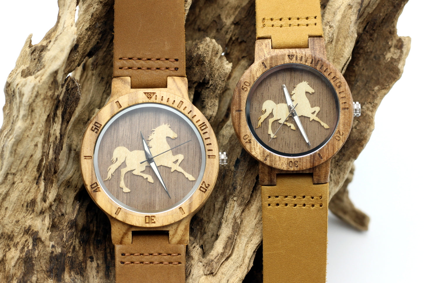 COUPLES Matching His & Hers Wooden Watches with Light Tan Leather Strap - THE EQUIS - Hashtag Bamboo