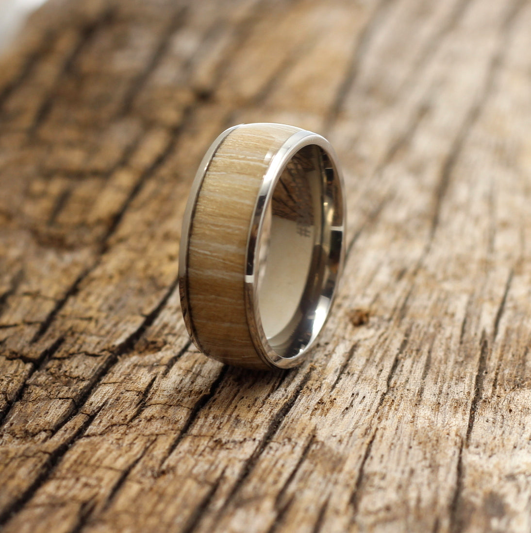 Mens wedding band, titanium ring with wild olive inlay, hashtag bamboo, orbit.