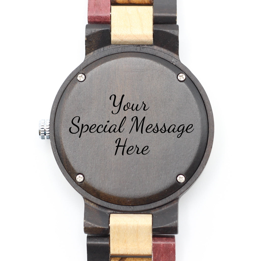 Ladies Femwood Multi colour wooden watch with solid wood strap, the Quinn, with matching Men's version available, couples watches, engraving offered, ideal for anniversary, birthday gifts.