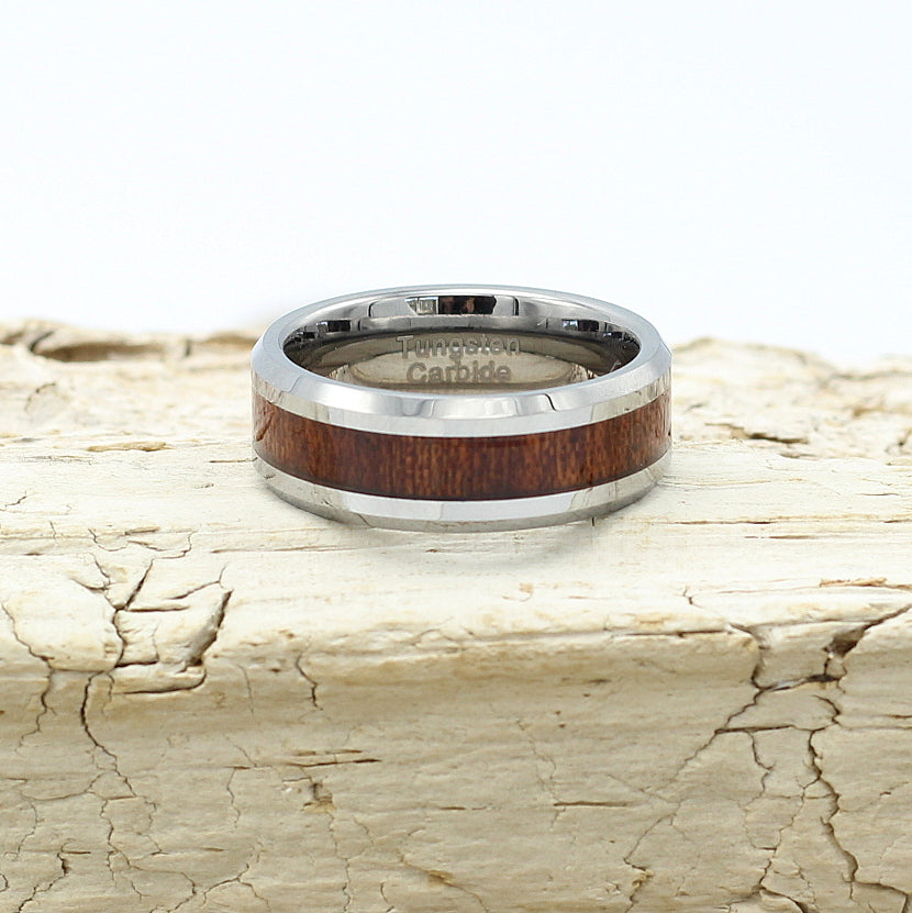 Men's 8mm silver tungsten band with koa wood inlay, wedding rings, gents, matching ladies ring available. Hashtag Bamboo, orbit.