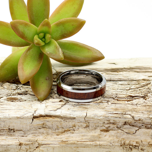 Men's 8mm silver tungsten band with koa wood inlay, wedding rings, gents, matching ladies ring available. Hashtag Bamboo, orbit.