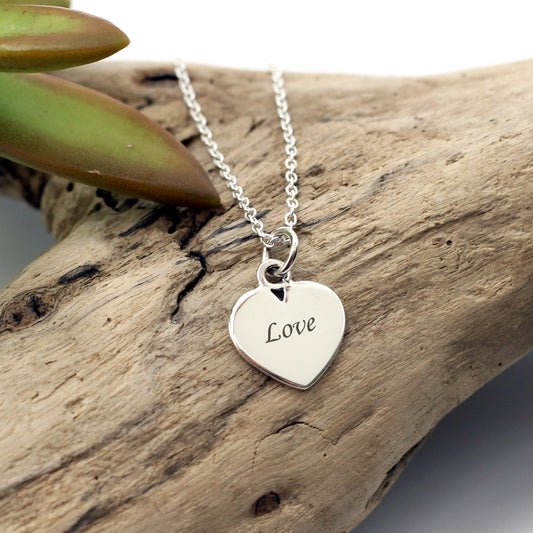 Sterling silver 925 heart pendant, engrave a name or word, tiny heart charm, necklace, love, silvery, personalise, yours truly.