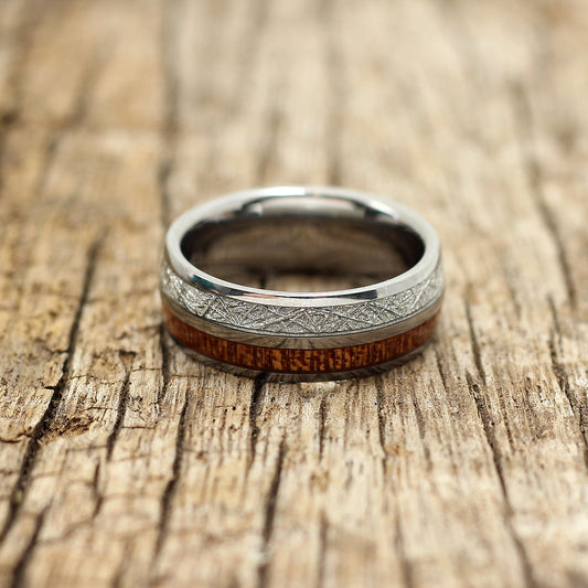 Men's 8mm silver tungsten band with meteorite and koa wood inlay, wedding rings, gents, . Hashtag Bamboo, orbit, wedding rings south africa.