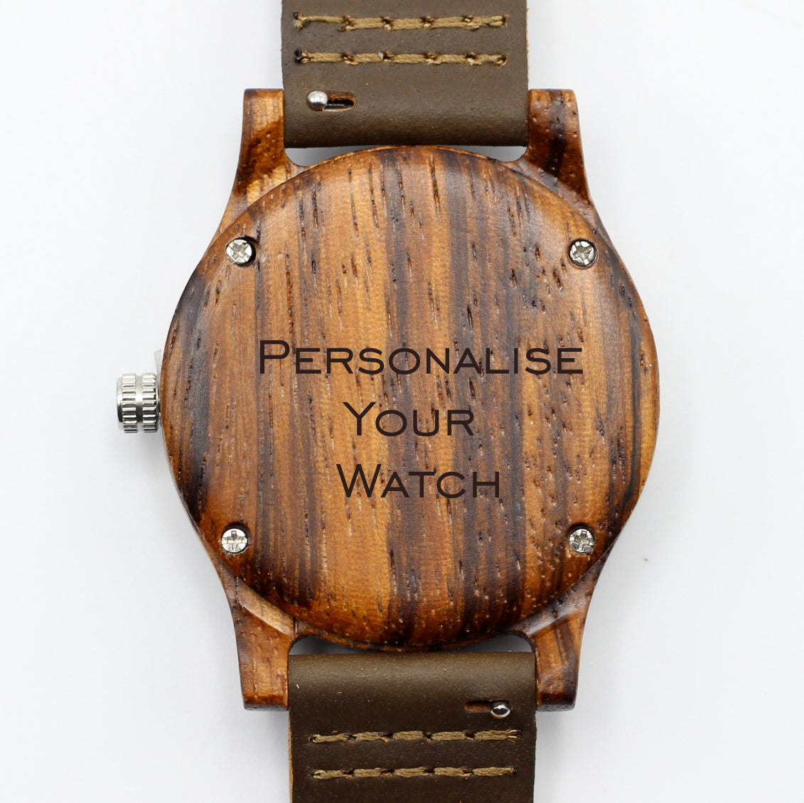 Ladies wooden watch with leather strap, zebra wood with gold dials. Engrave a special message on the back for only R100 extra. Hashtag Bamboo, bewell watches.