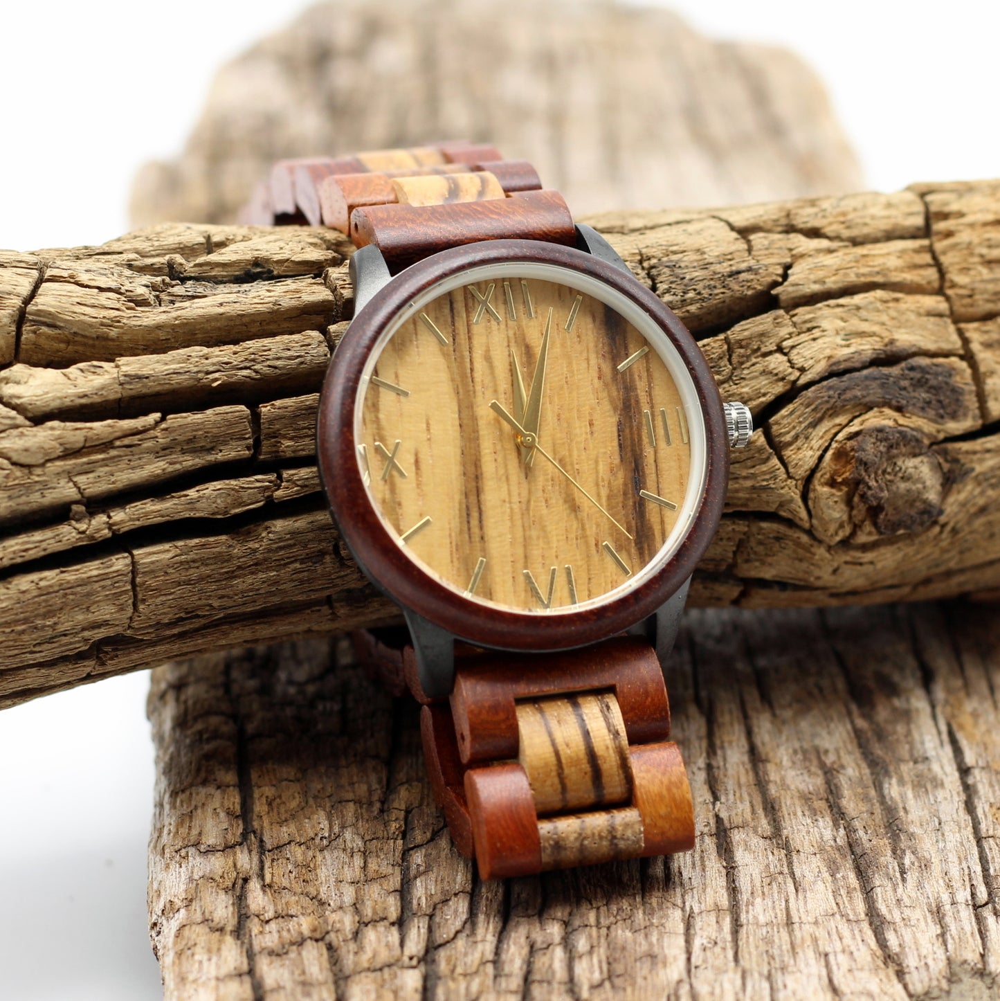 Men's red sandalwood and zebra watch with matching wooden strap, stainless steel case. Engrave your personalised message on the back for R100. Hashtag Bamboo, bewell.