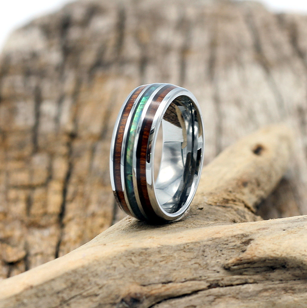 Men's silver tungsten ring with koa wood and shell inlay, wedding band, matching ladies ring available. Hashtag Bamboo.