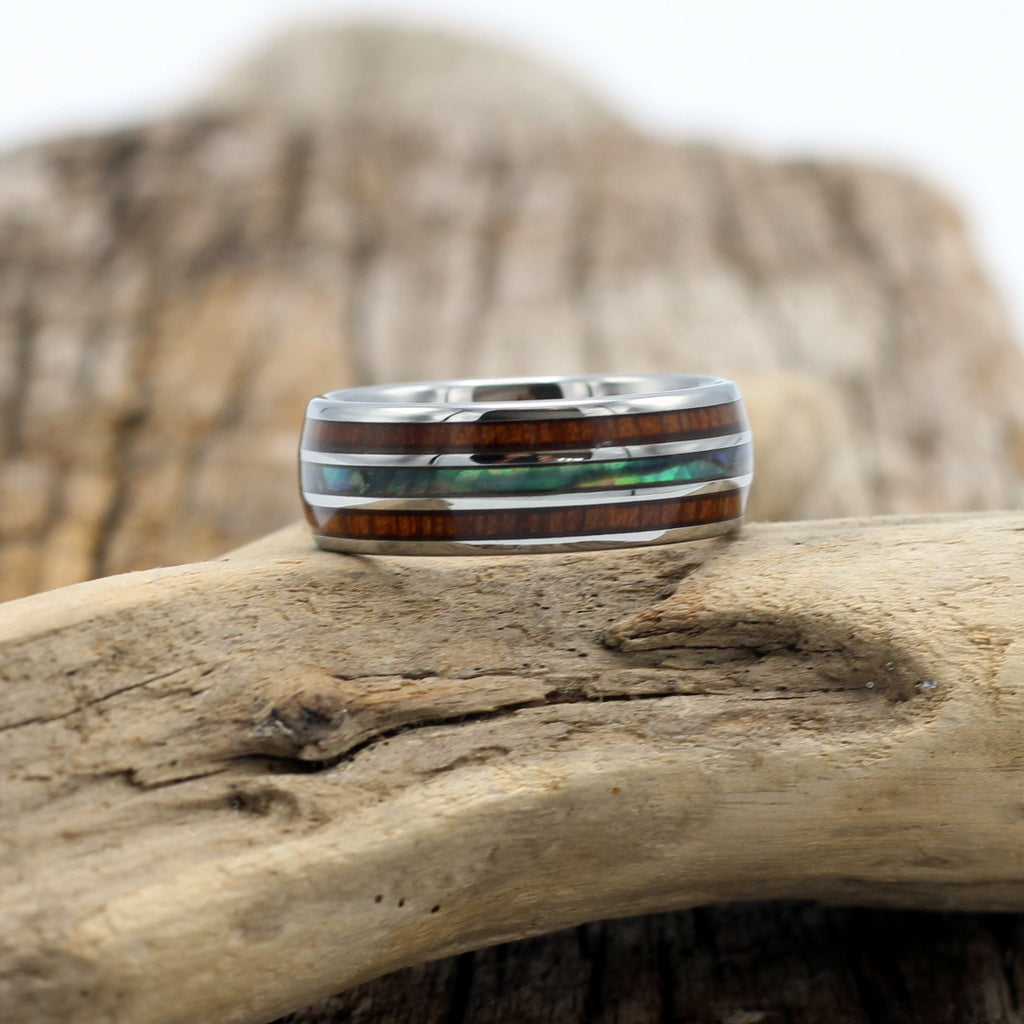 Men's silver tungsten ring with koa wood and shell inlay, wedding band, matching ladies ring available. Hashtag Bamboo.