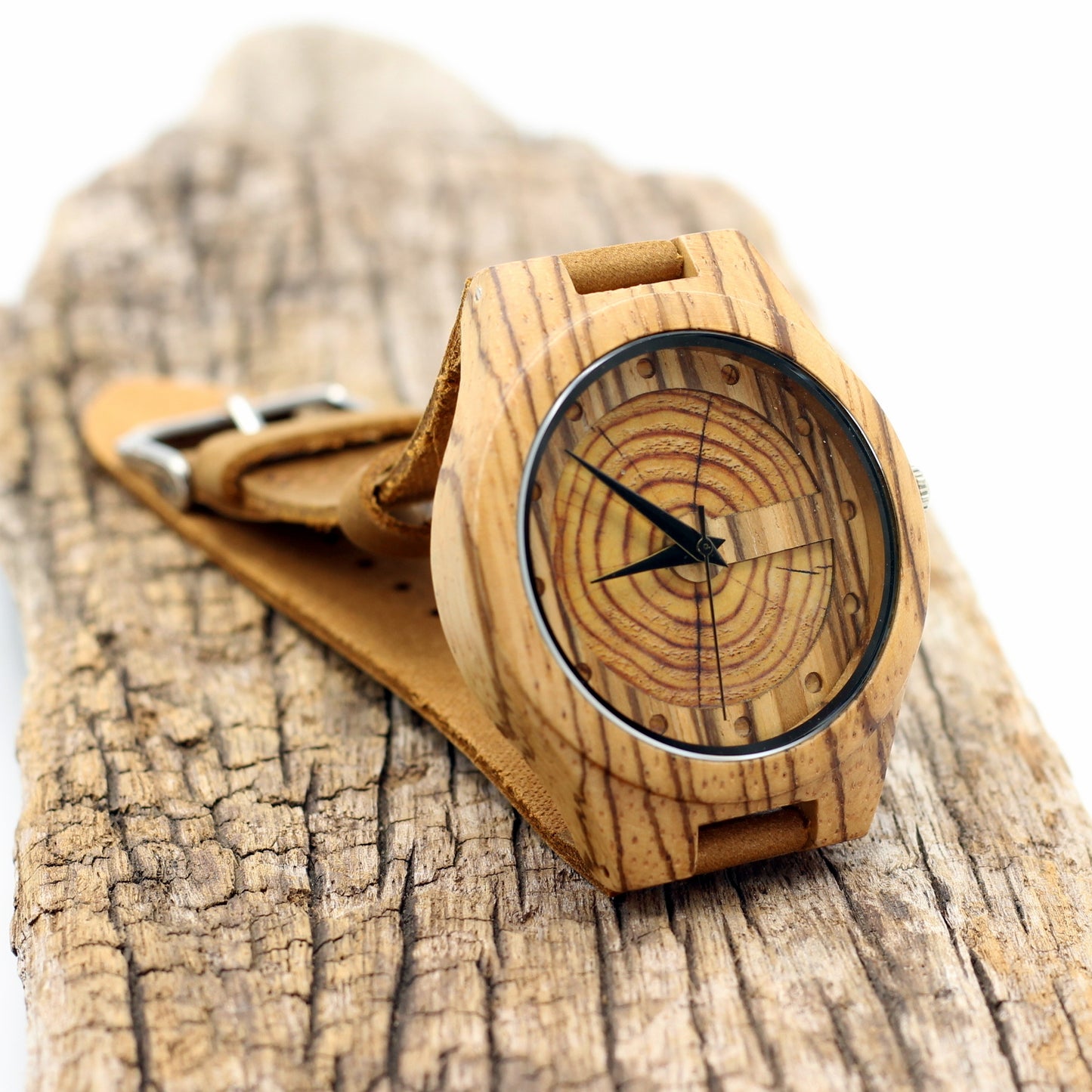 Men's zebra wooden watch with tan leather strap. Wood cross section face, engrave a message on the back. Hashtag Bamboo South Africa.