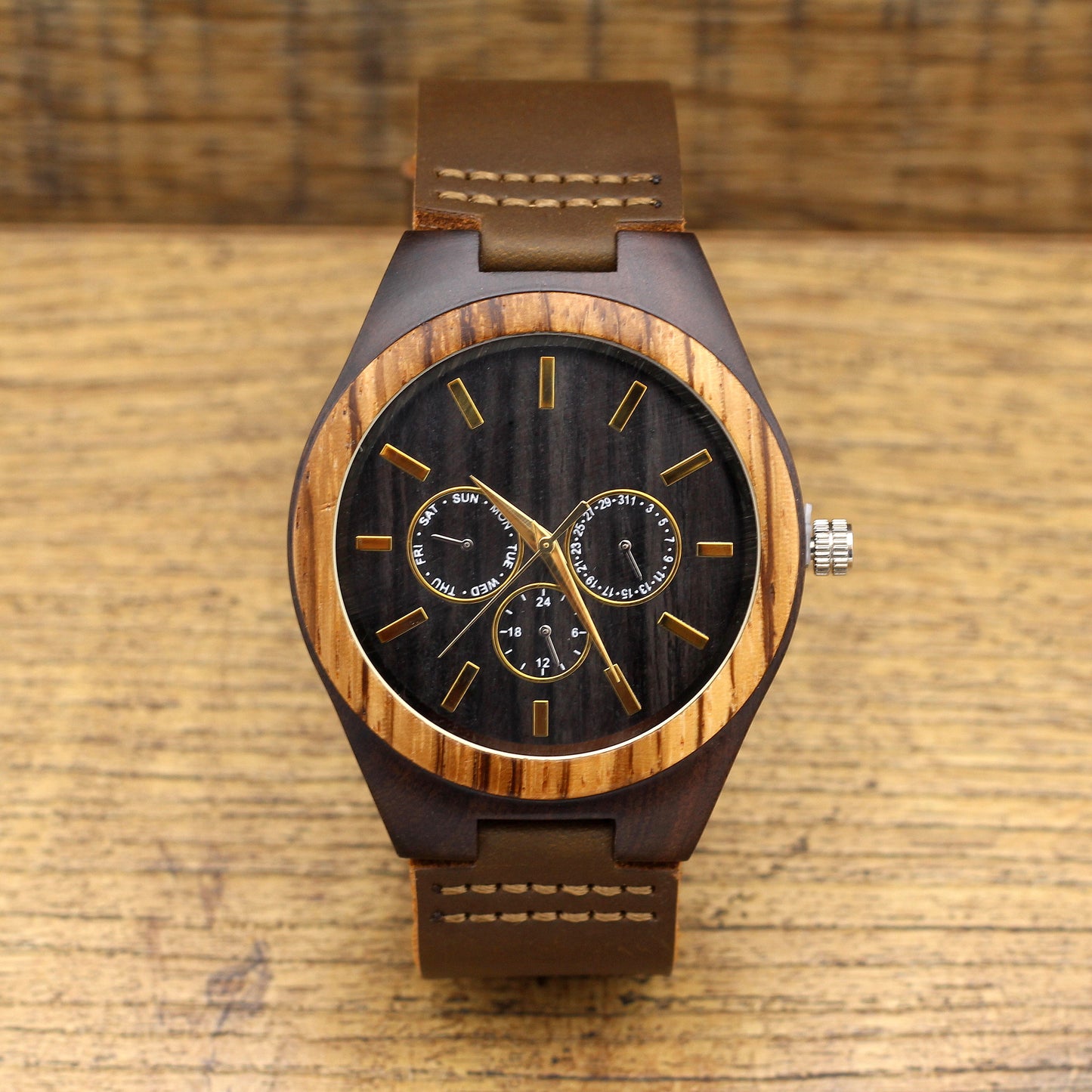 MANLY JONES Men's Ebony Wood Watch with Leather Strap
