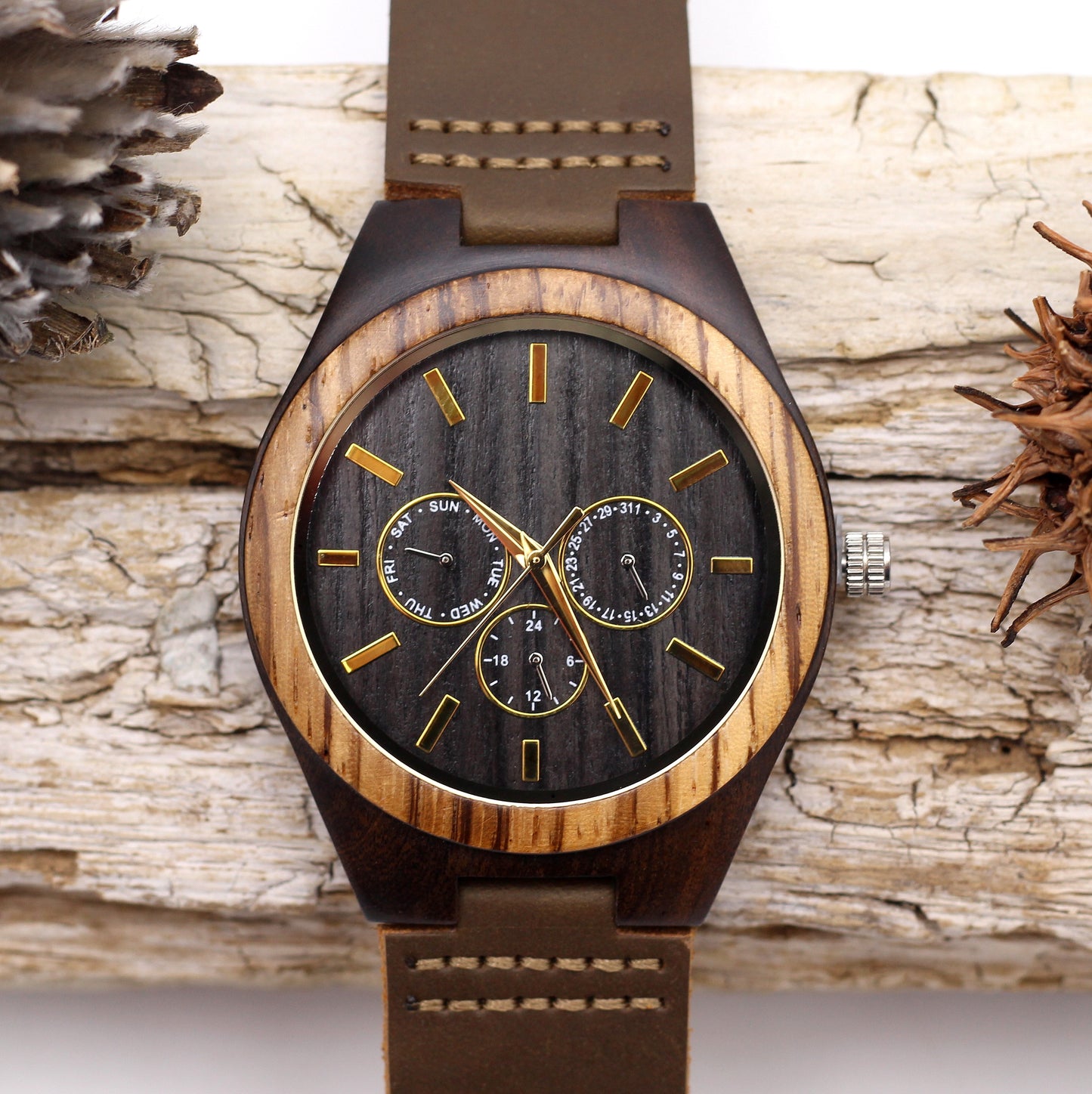 MANLY JONES Men's Ebony Wood Watch with Leather Strap
