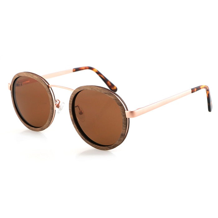 Hipster Round sunglasses solid walnut wood brown polarised lens and rose gold frame.