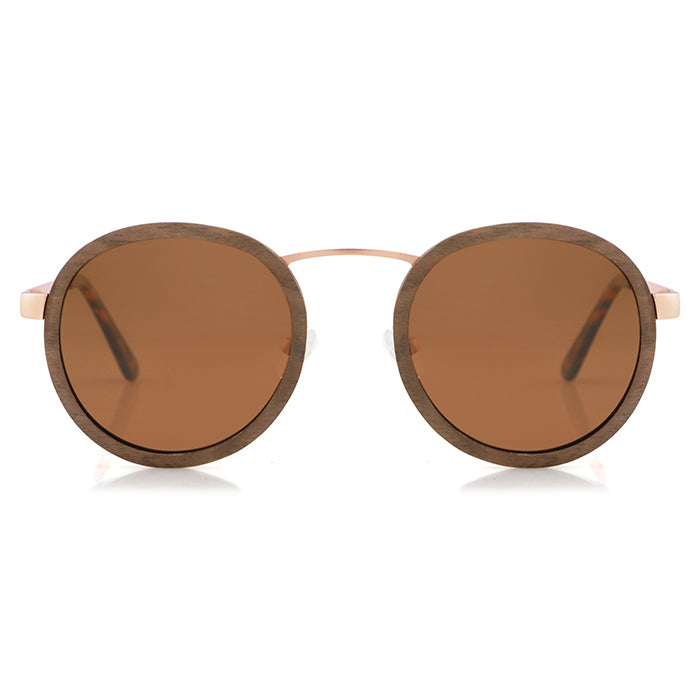 Hipster Round sunglasses solid walnut wood brown polarised lens and rose gold frame.