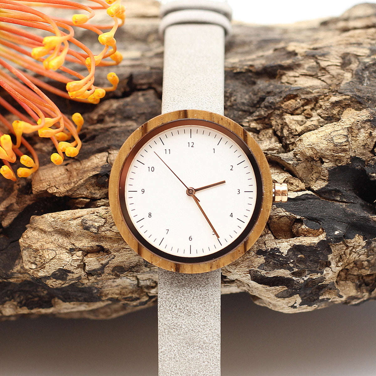 Kanso CUTIE Round Petite Wooden Watch zebra wood with vegan leather grey strap, make it personal and engrave a message on the back. Shipping only R59.