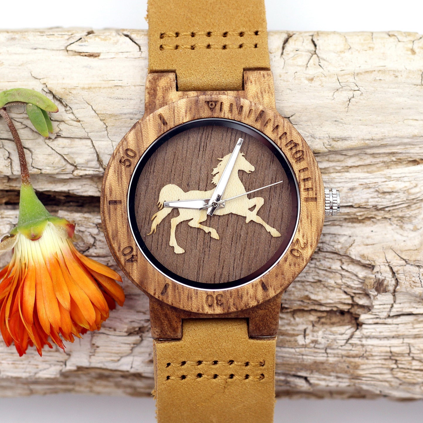 LADY EQUIS - Ladies Wooden Watch with Light Tan Leather Strap - Hashtag Bamboo