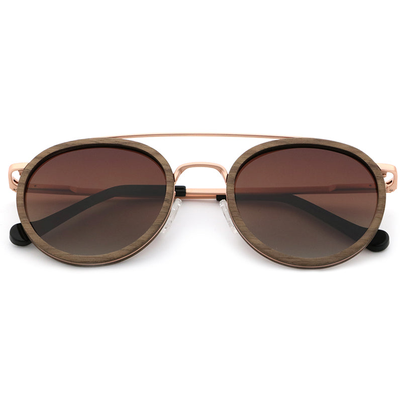 LOHAN BROWN Walnut Wood Round Sunglasses Polarised Lens