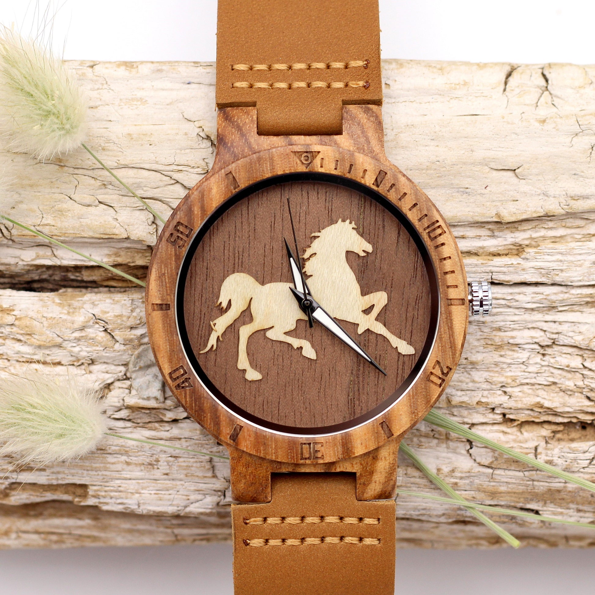 MANLY EQUIS Wooden Watch with Brown Leather Strap - Hashtag Bamboo