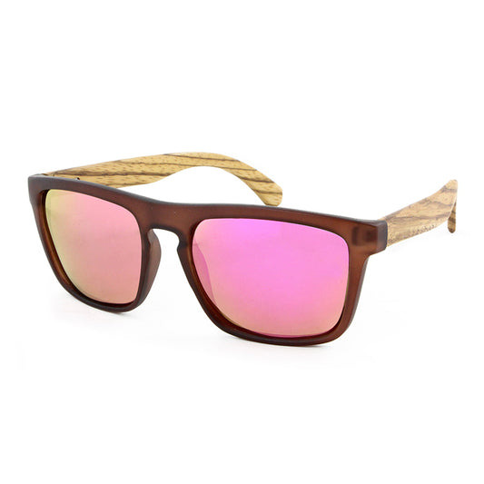 MANSHADY Opaque Brown Sunglasses Pink Mirror Polarised Lens Wooden Arms - Hashtag Bamboo