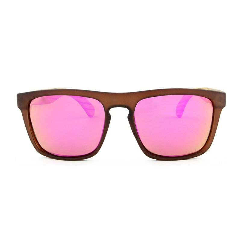 MANSHADY Opaque Brown Sunglasses Pink Mirror Polarised Lens Wooden Arms - Hashtag Bamboo
