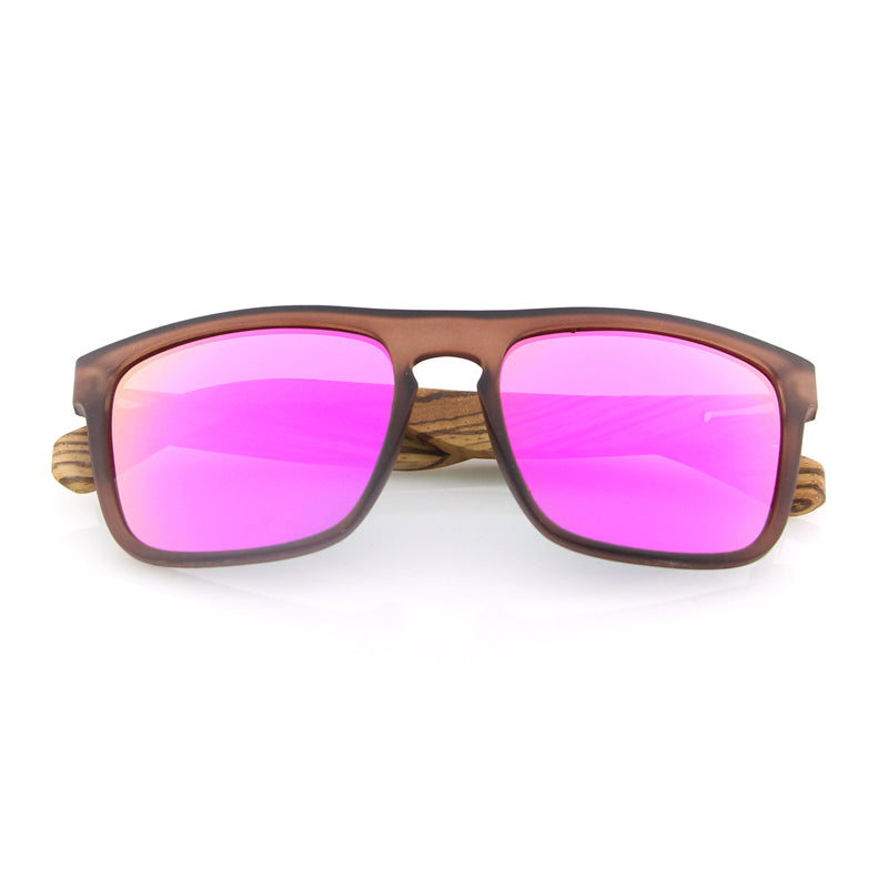 MANSHADY Opaque Brown Sunglasses Pink Mirror Polarised Lens Wooden Arms - Hashtag Bamboo