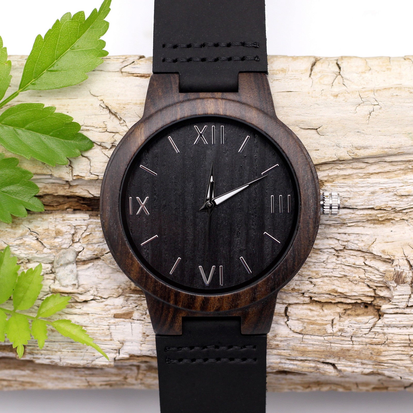 MANLY MIDNIGHT Wooden Watch with Black Leather Strap - Hashtag Bamboo