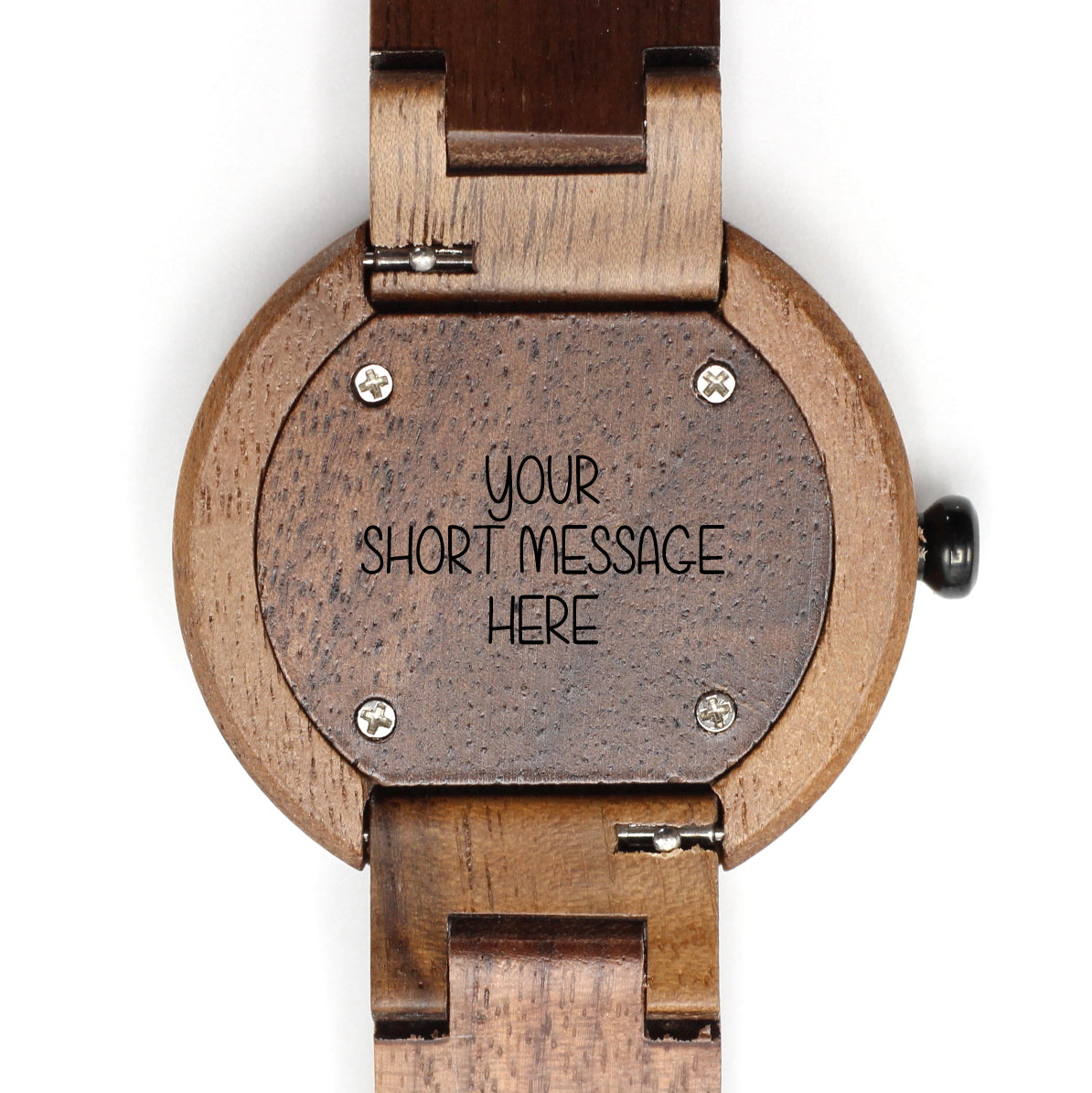 Our ECO-BEAN unisex wooden watch, walnut watch face and matching strap, 39mm, lightweight and stylish. Engrave a short message on the back for R80.