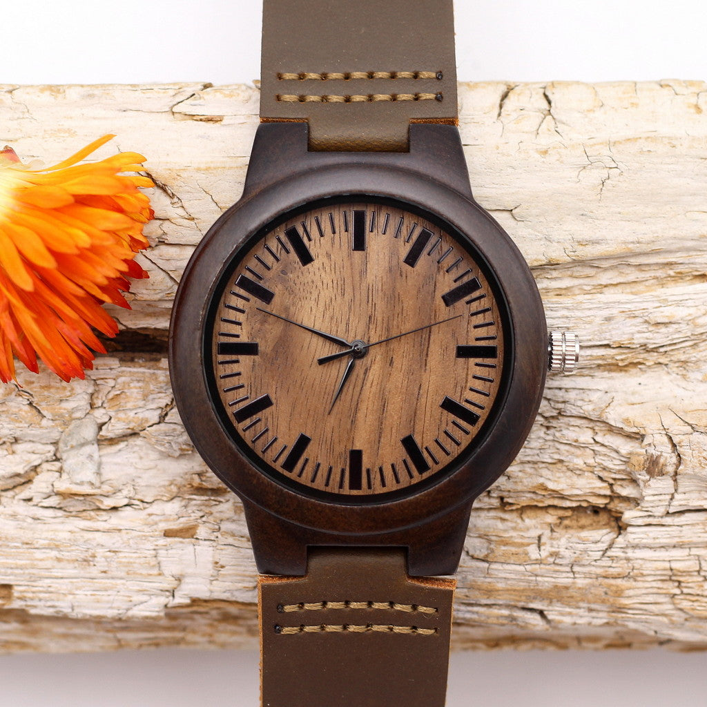 MANLY MOCHA: Wooden Watch with Brown Leather Strap - Hashtag Bamboo