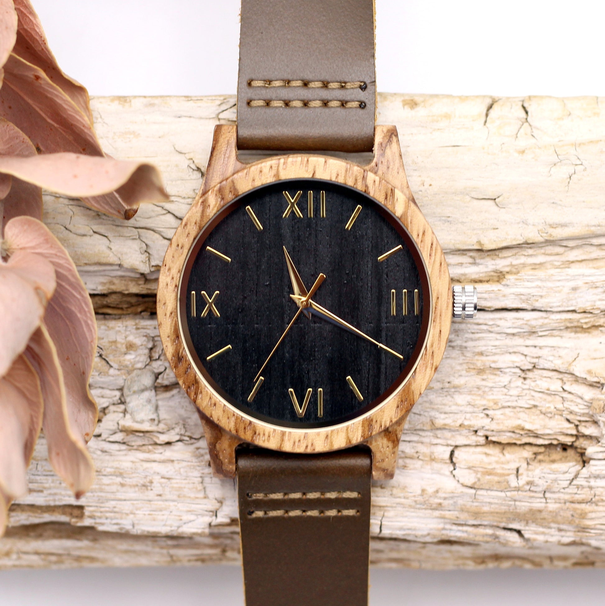 MANLY NESS Wooden Watch with Brown Leather Strap - Hashtag Bamboo