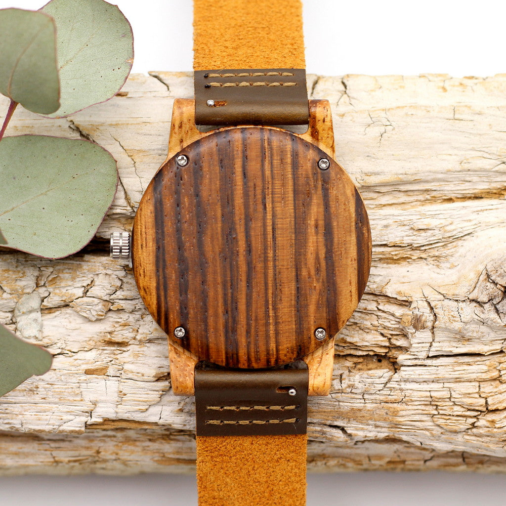 MANLY NOBLE: Wooden Watch with Brown Leather Strap. Wooden watches in South Africa. Engrave a message on the back for R100.