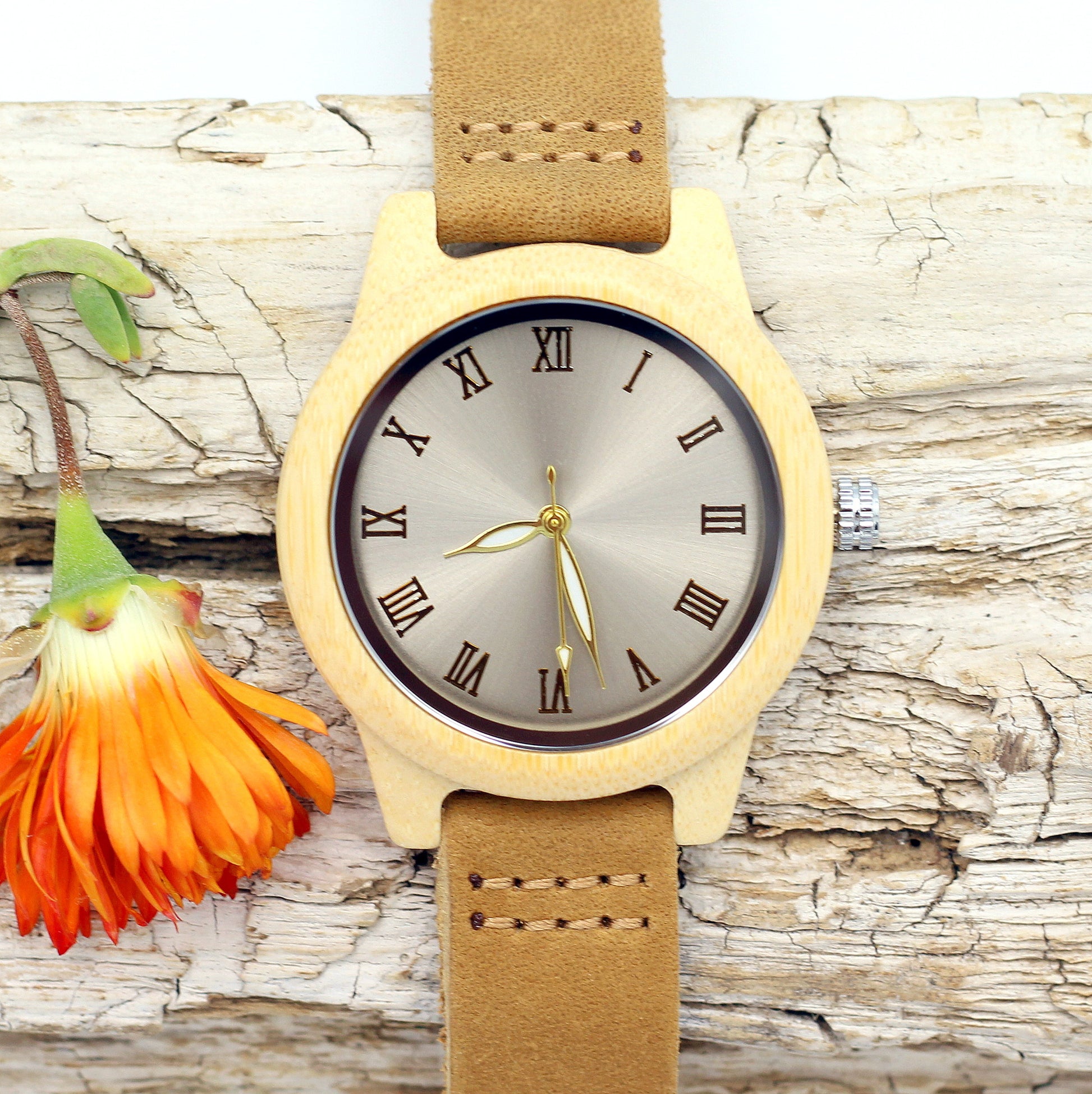 LADY PARIS Wooden Watch Bamboo with Tan Leather Strap - Hashtag Bamboo
