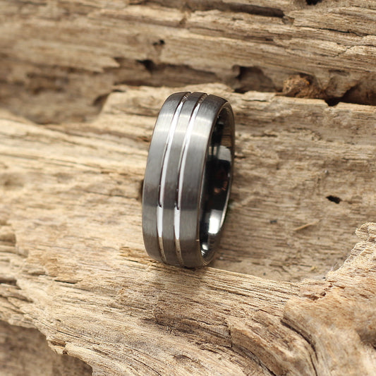 Men's Gunmetal Tungsten Ring with Silver Lines - Hashtag Bamboo