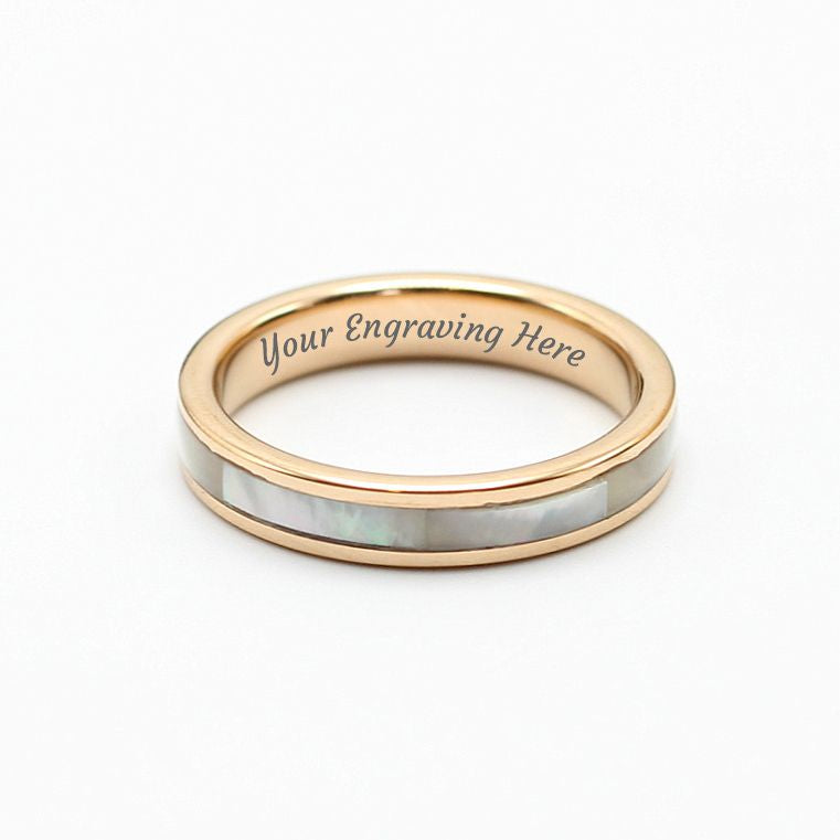 Ladies rose gold tungsten ring with mother of pearl inlay, 4mm band, engrave a special message.