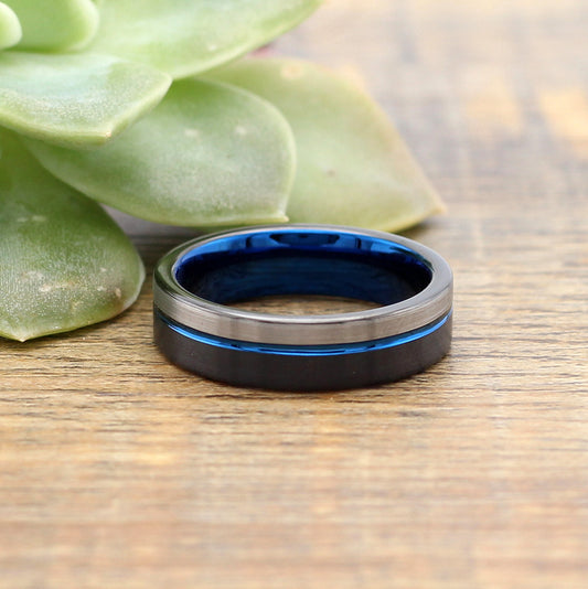 Men's Tri Colour Blue Tungsten Ring 6mm Band