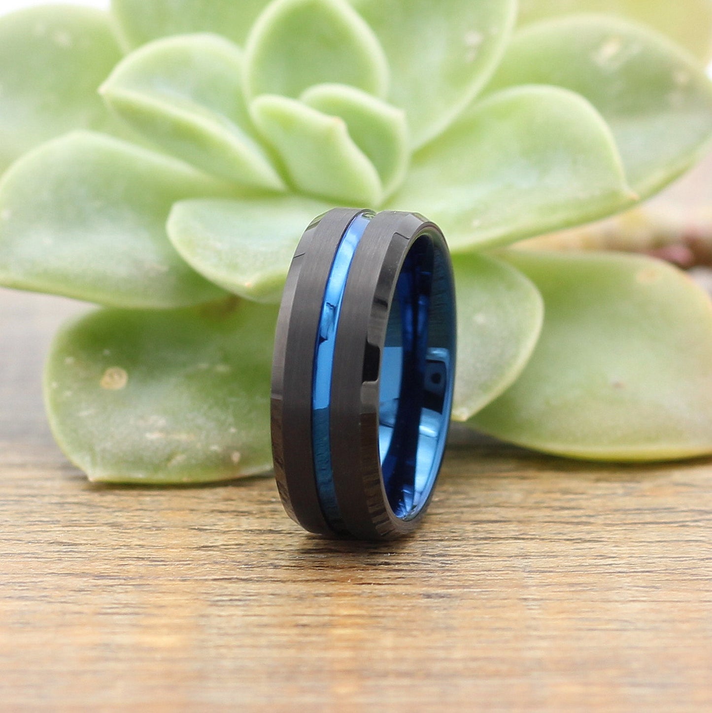 Men's Black Tungsten Blue Line Ring