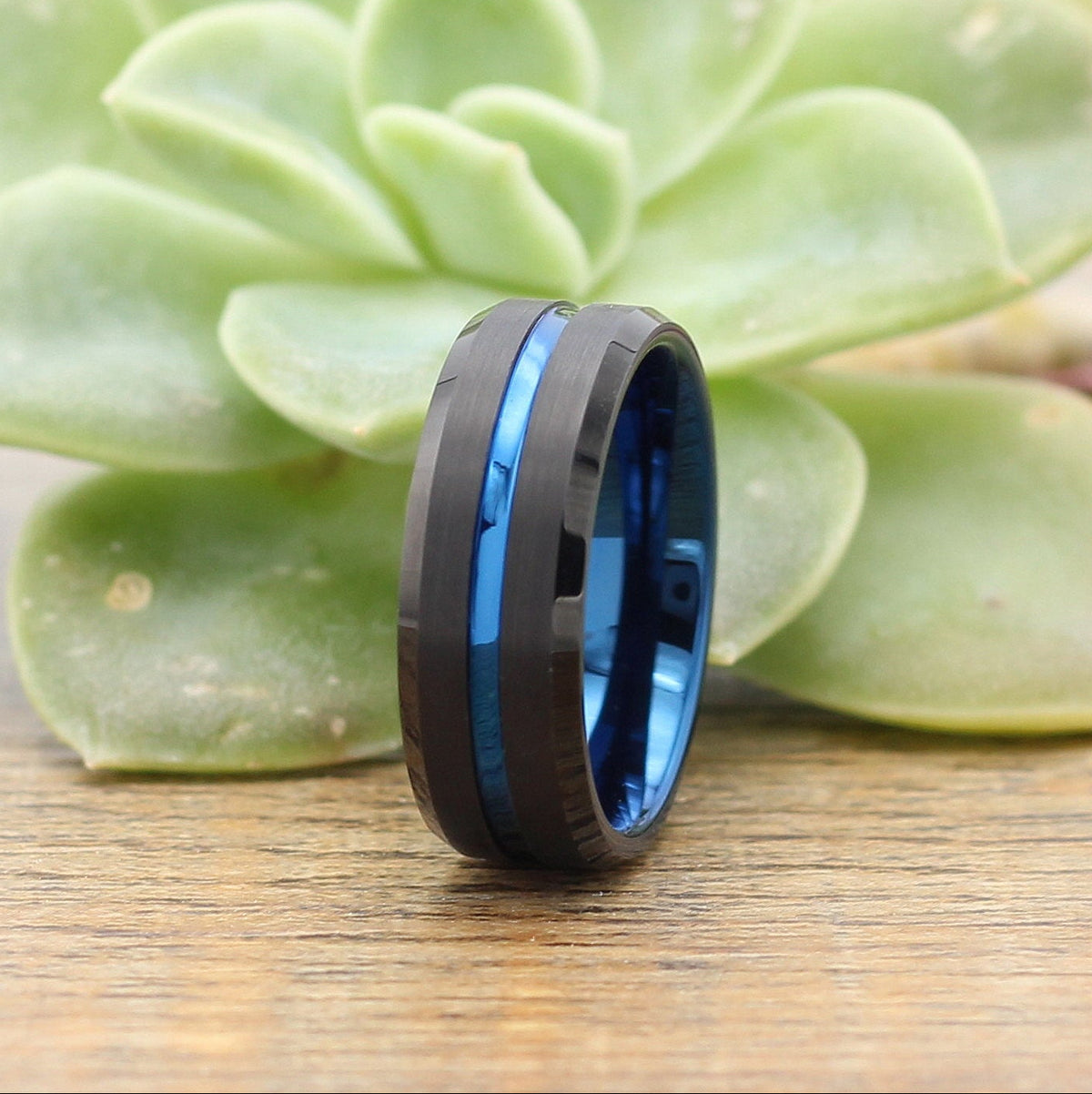 Blue Line Rings For Men Men's Black Tungsten Blue Line Ring – Hashtag Bamboo