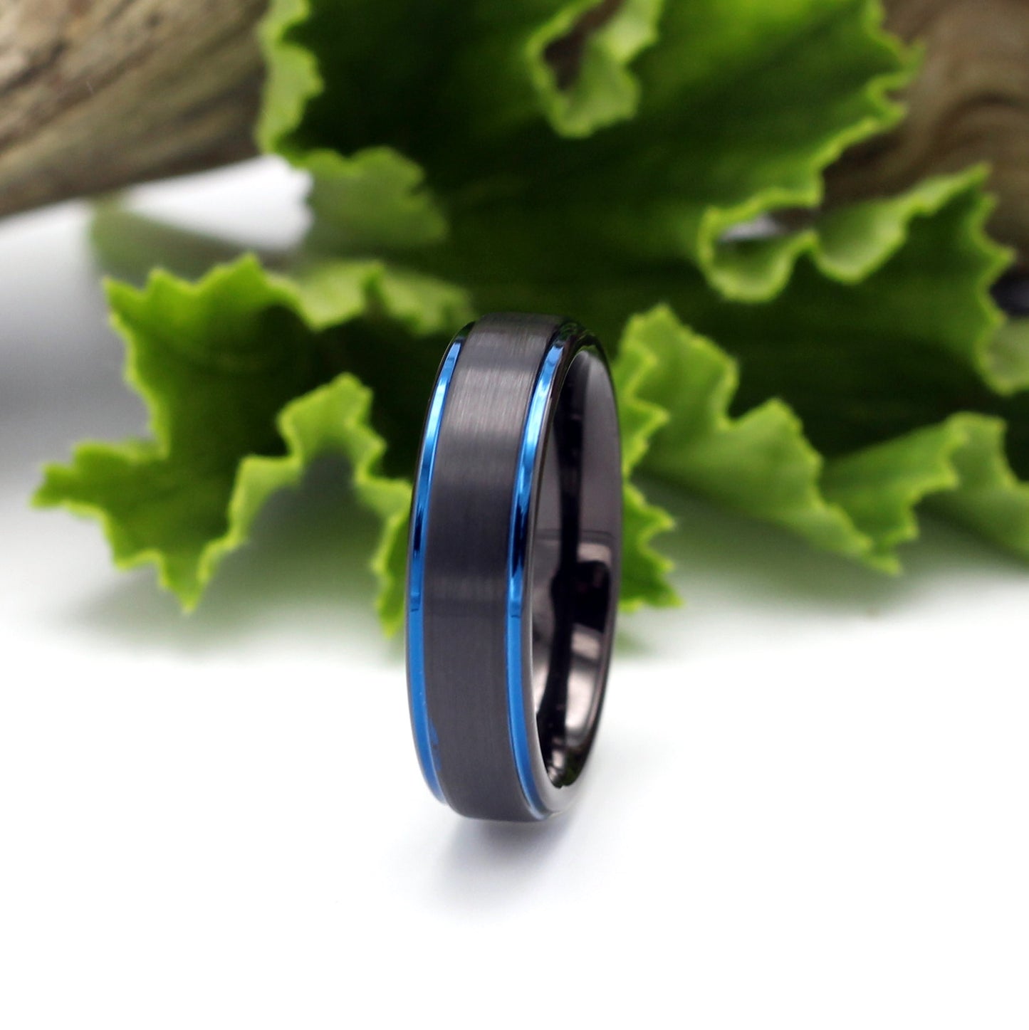 Men's Black Tungsten 6mm Ring with Blue Lines