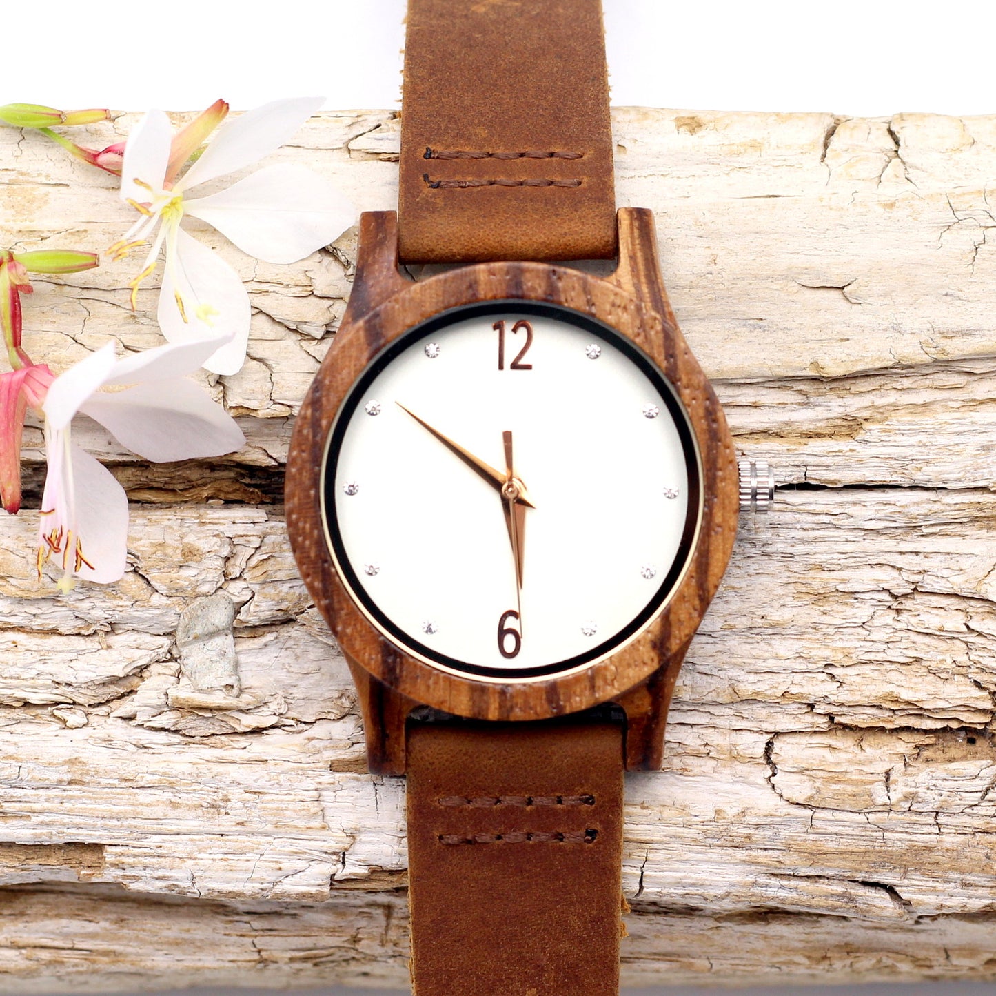 RYLEE Zebrawood Ladies Wooden Watch with Brown Leather Strap