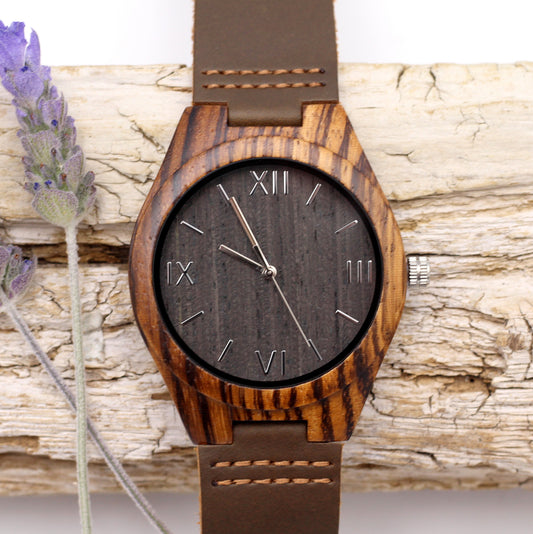 MANLY SCHNAKE Wooden Watch with Brown Leather Strap - Hashtag Bamboo