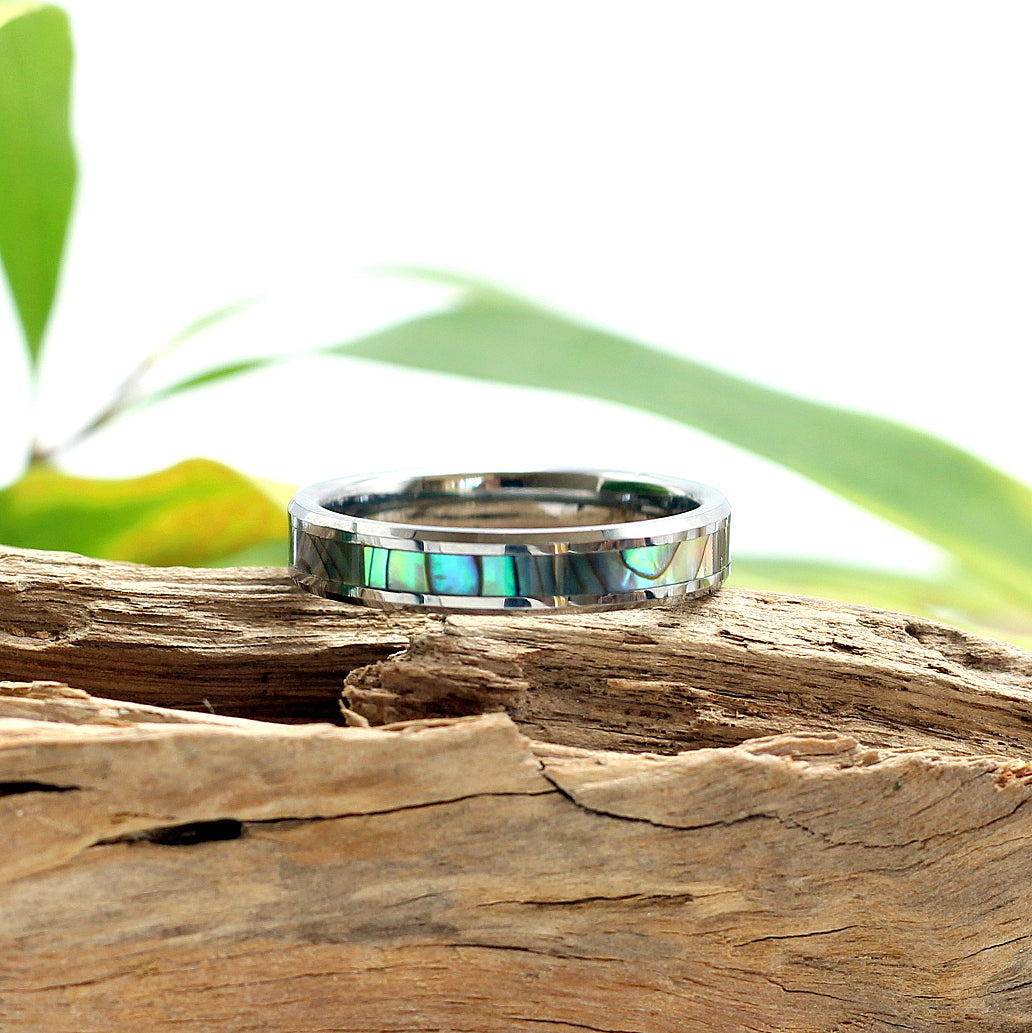 LADIES RING Silver Tungsten Bevelled Blue Green Iridescent Inlay 4mm Band