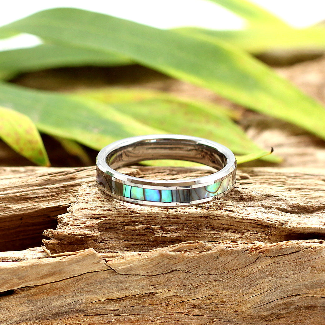 LADIES RING Silver Tungsten Bevelled Blue Green Iridescent Inlay 4mm Band