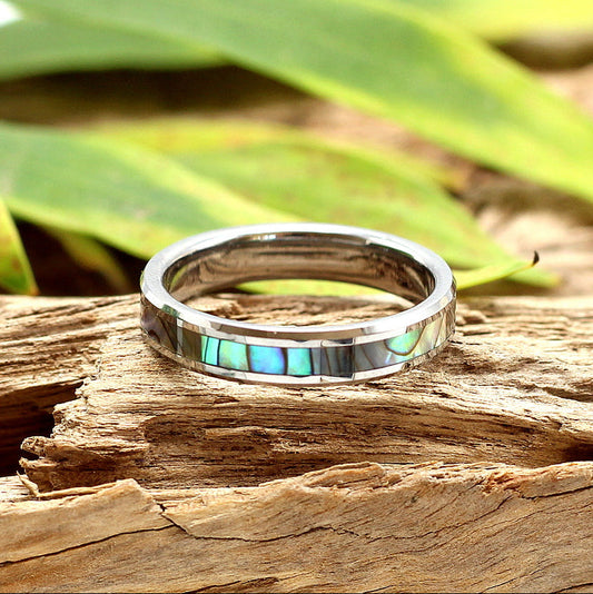 LADIES RING Silver Tungsten Bevelled Blue Green Iridescent Inlay 4mm Band - Hashtag Bamboo