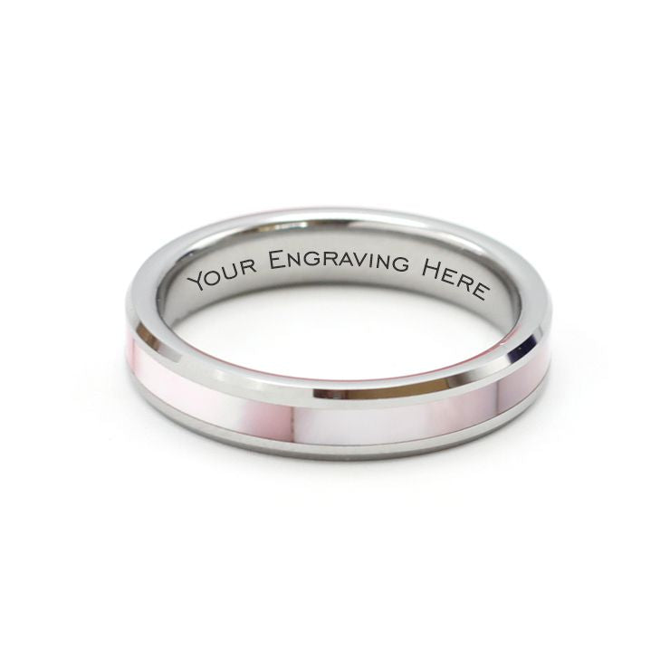 Ladies Silver tungsten ring with mother of pearl inlay, 4mm band, engrave a special message on the inside for R80.