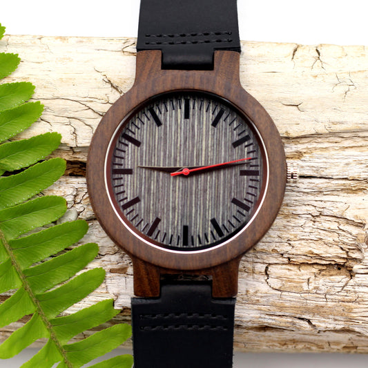 MANLY SPICE: Ebony Wooden Watch with Black Leather Strap - Hashtag Bamboo