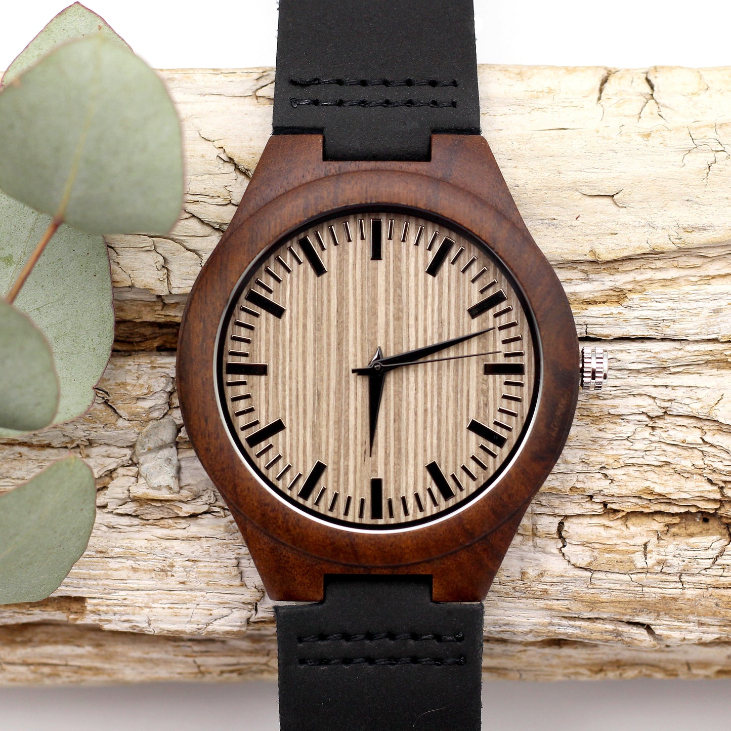 MANLY STRATA Wooden Watch with Black Leather Strap - Hashtag Bamboo