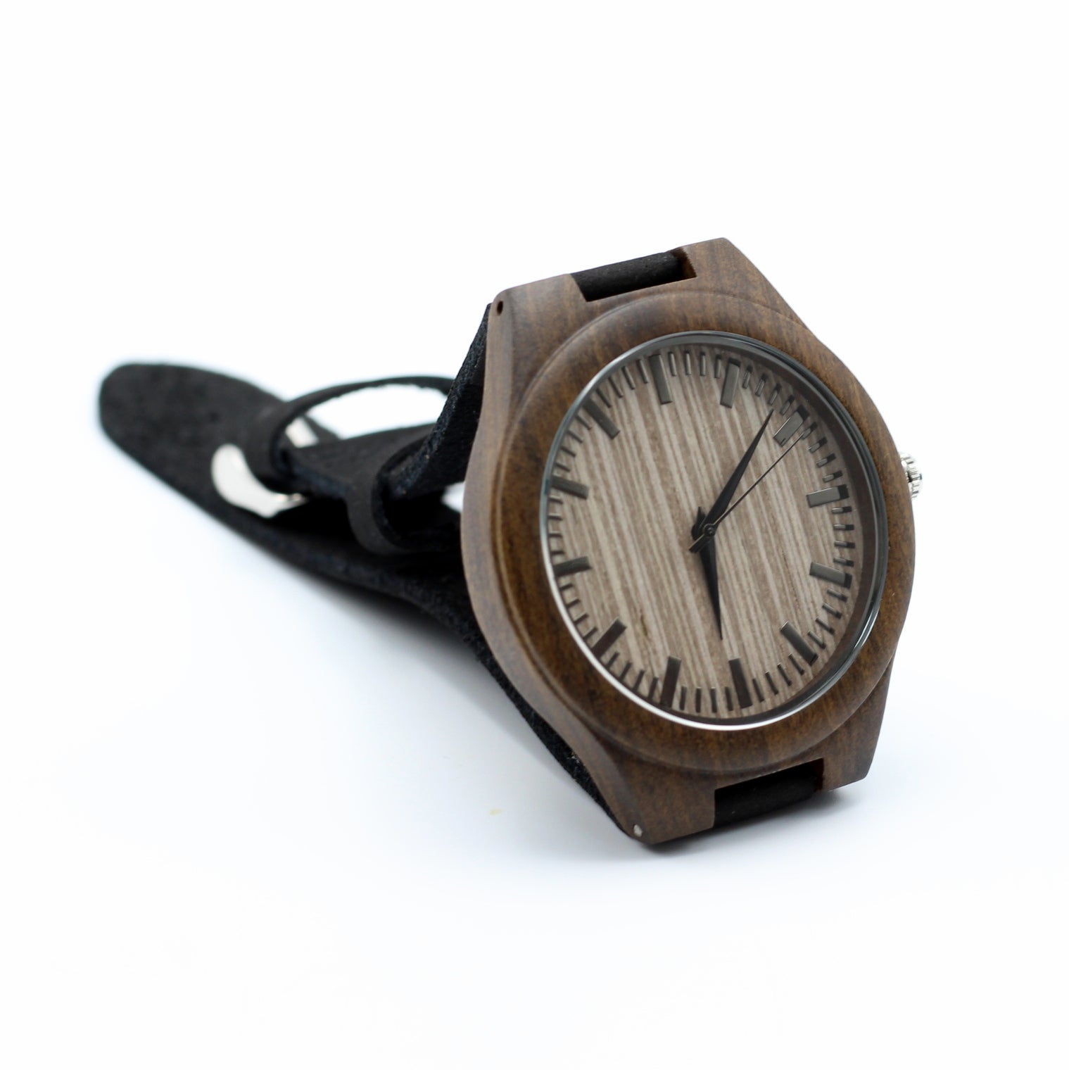 Men's walnut wooden watch with ash face and black leather strap, the Manly Strata, wooden watches, anniverysary gifts, south africa, Hashtag Bamboo.