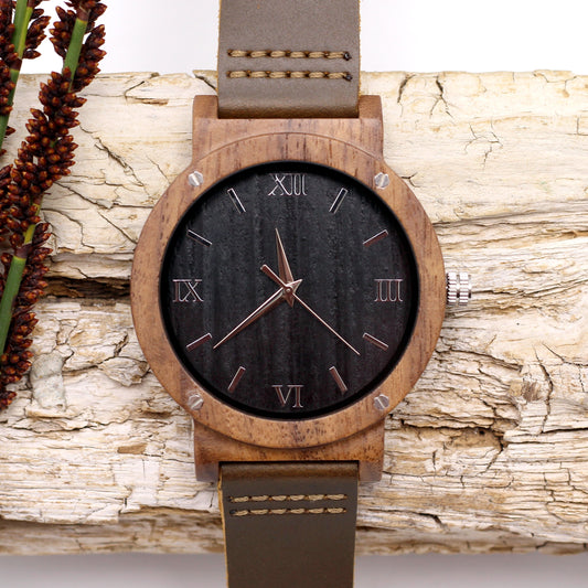 MANLY TECH Wooden Watch with Brown Leather Strap - Hashtag Bamboo