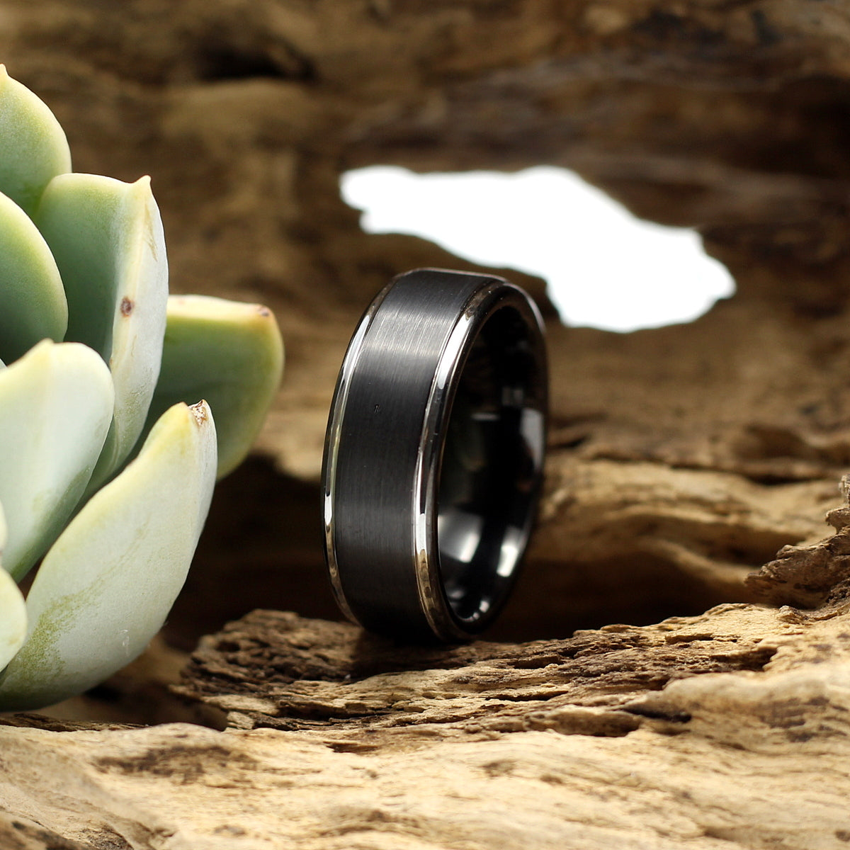 Men's black brushed tungsten ring 8mm wedding band with silver bevelled edges. Engrave a personalised message for only R80. Shipping anywhere in SA for R59.