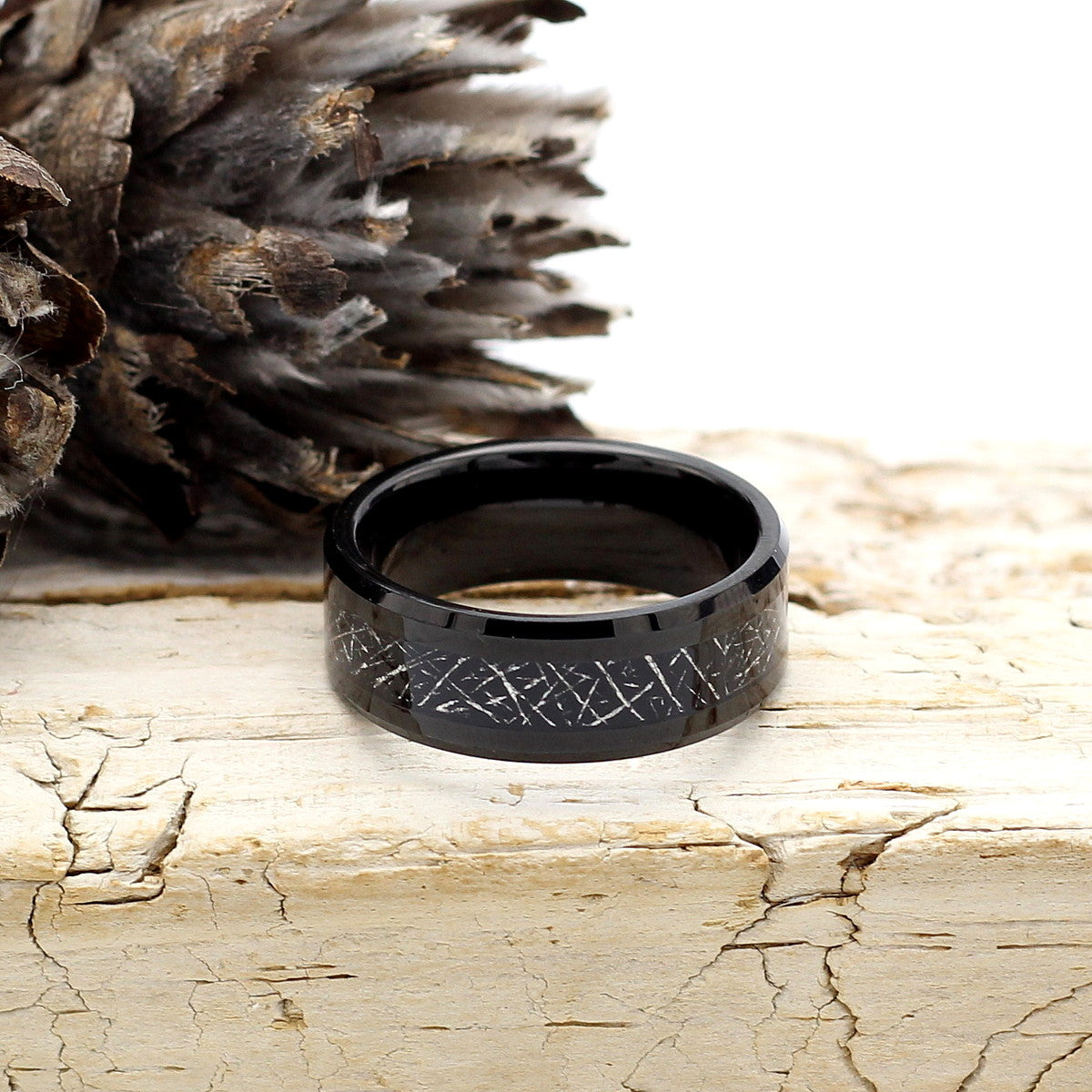 Men's Black Tungsten Ring with Meteorite Inlay