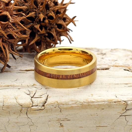 Men's Brushed Gold Tungsten Ring with Offset Wood Inlay