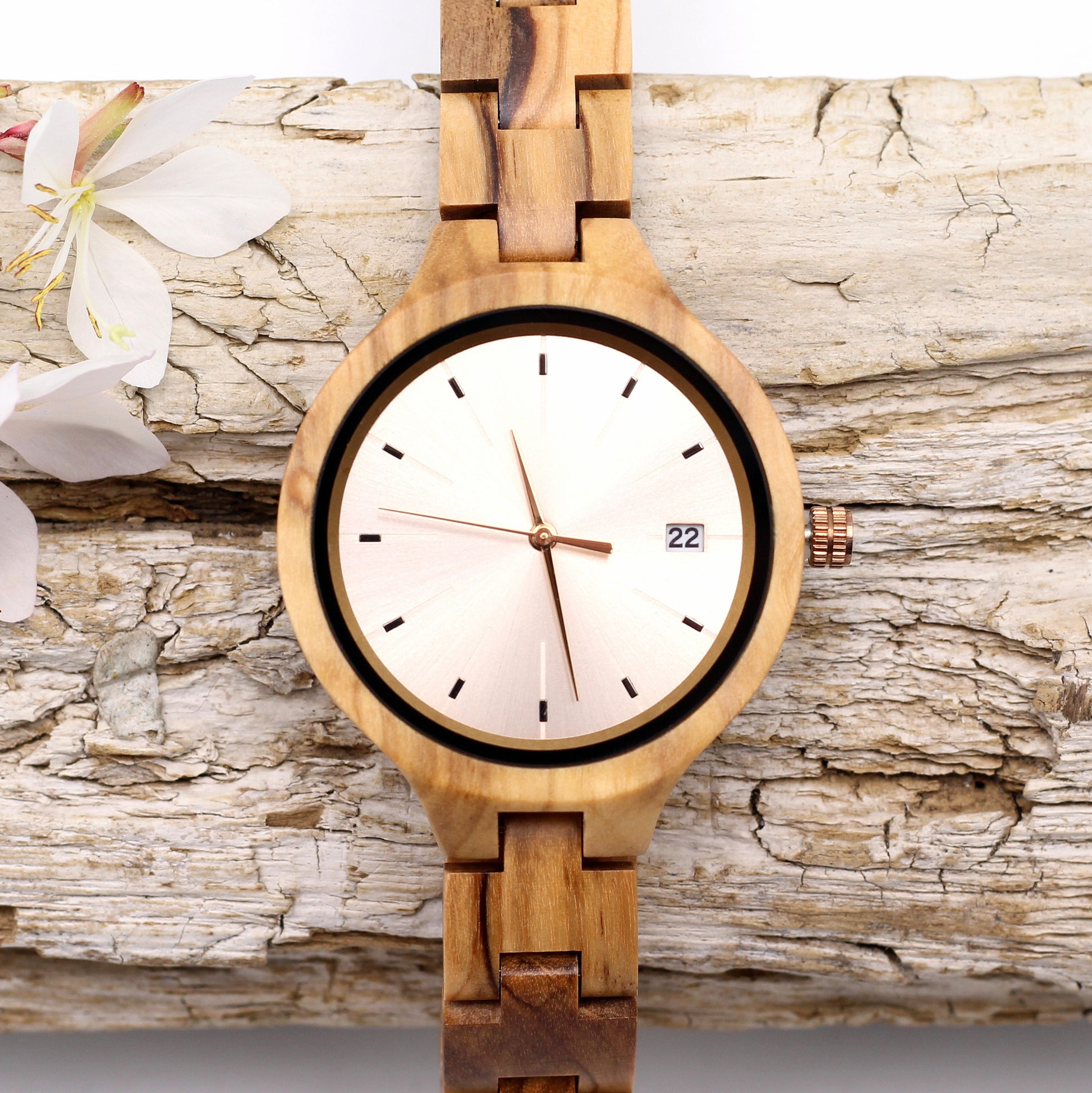 VERONA OLIVE ROSE Ladies Solid Wooden Watch with DATE function - Hashtag Bamboo